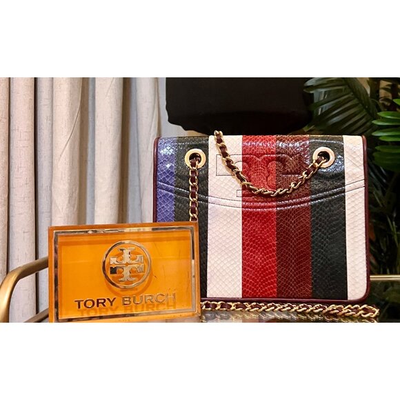 RARE!! Tory Burch Multi-Color Striped Fleming Python Chain Strap Shoulder Bag - Picture 2 of 11